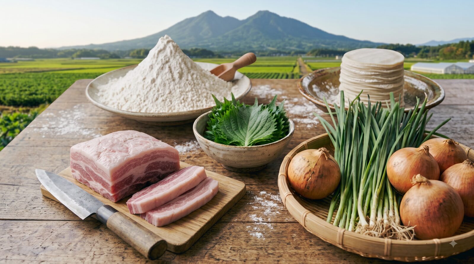 茨城の畑を背景に並ぶ、国産の小麦粉・豚肉・大葉・にら・たまねぎと餃子の皮